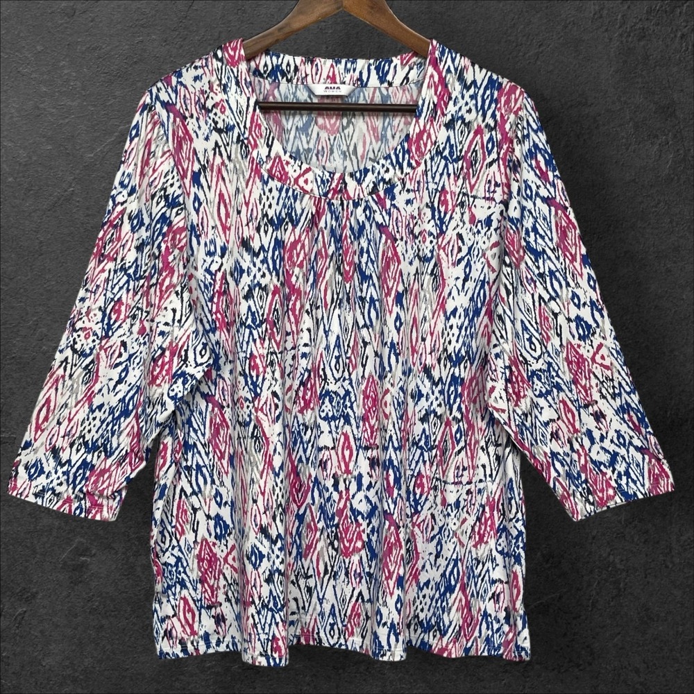 ALIA Women's 2X Multicolor‎ Print 3/4 Sleeve V-Neck Pullover Top Blouse